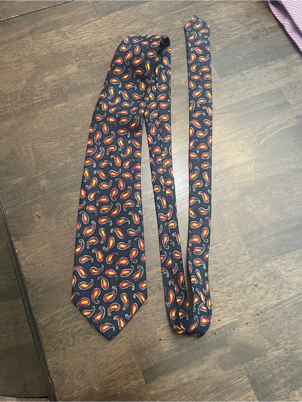 Italian 100% Silk Navy Paisley Tie with Red & Yellow Accents